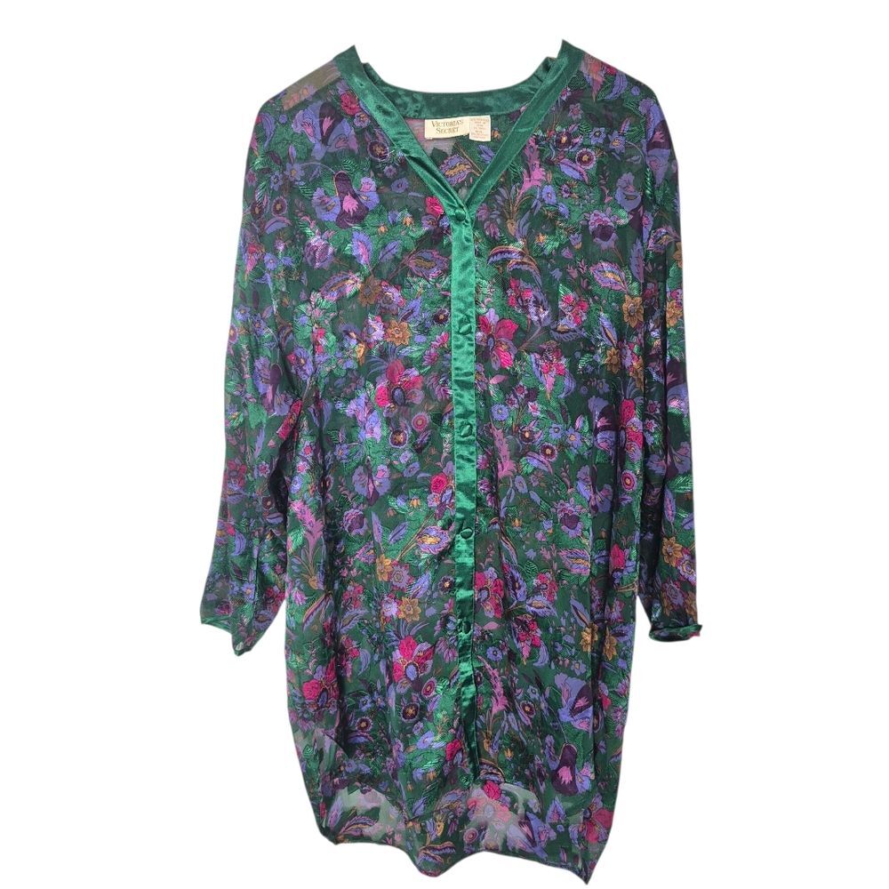 Victoria's Secret Vintage Gold Label Green Floral Dressing Down 90s Size M/L